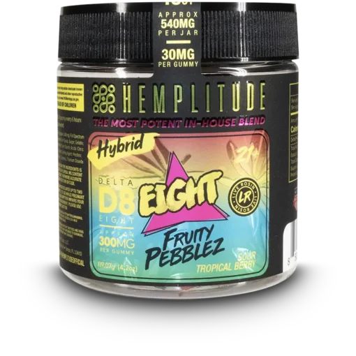 Jar of Hemplitude Delta 8 fruity pebblez gummies, 30 mg