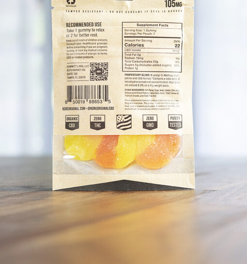 Pouch label of Kore cbd gummies Georgia Peach Rings ingredients