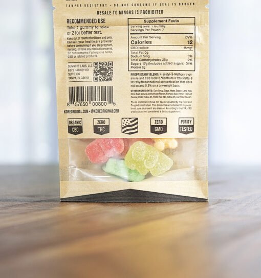 Pouch label of Kore cbd gummies Sour Bears ingredients