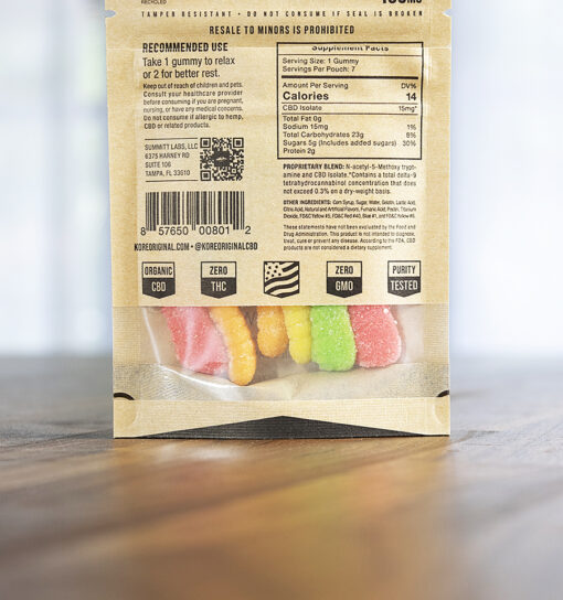 Pouch label of Kore cbd gummies Sour Neon Worms ingredients