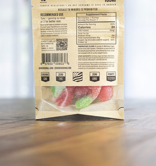 Pouch label of Kore cbd gummies ingredients