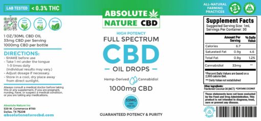 Ingredient label of Absolute Nature 1000mg CBD organic oil tincture