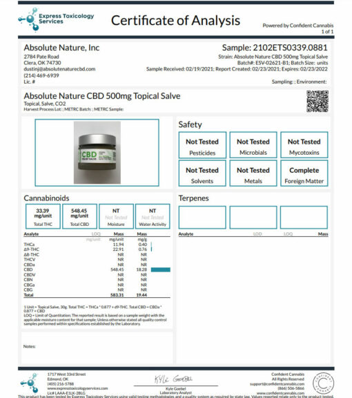 Lab Report-Absolute Nature CBD Full Spectrum CBD Topical Salve – 500mg CBD