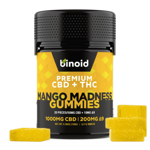 Jar of the best CBD + THC Premium Gummies Mango Madness