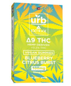 Delta 9 Extrax, all new vegan gummies in blueberry citrus burst, kiwi mixer and guavaberry fruit. 10 mg per gummy.