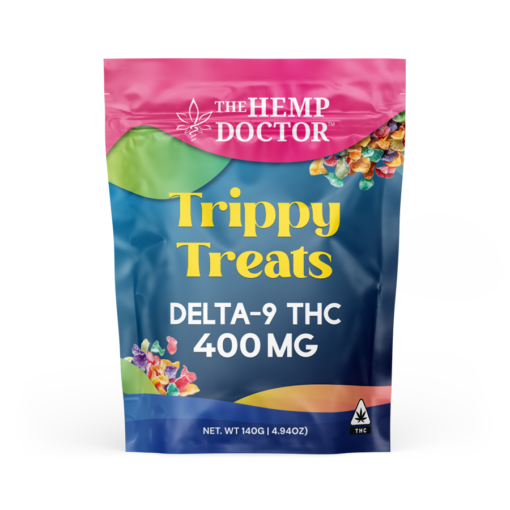 The Hemp Doctor Trippy Treats Delta-9 THC 400mg package front with colorful design and brand logo