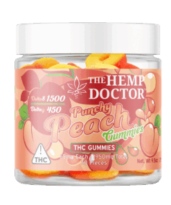 Delta 8 Delta 9 THC gummies Peach flavor by The Hemp Doctor, 65mg THC gummies front view