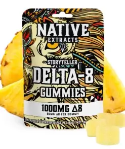 Storyteller Pineapple Delta 8 Gummies pouch with pineapple slices and sugar-coated gummies
