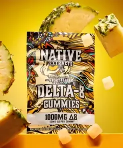 Pineapple Delta 8 gummies styled on bright yellow background with fruit slices
