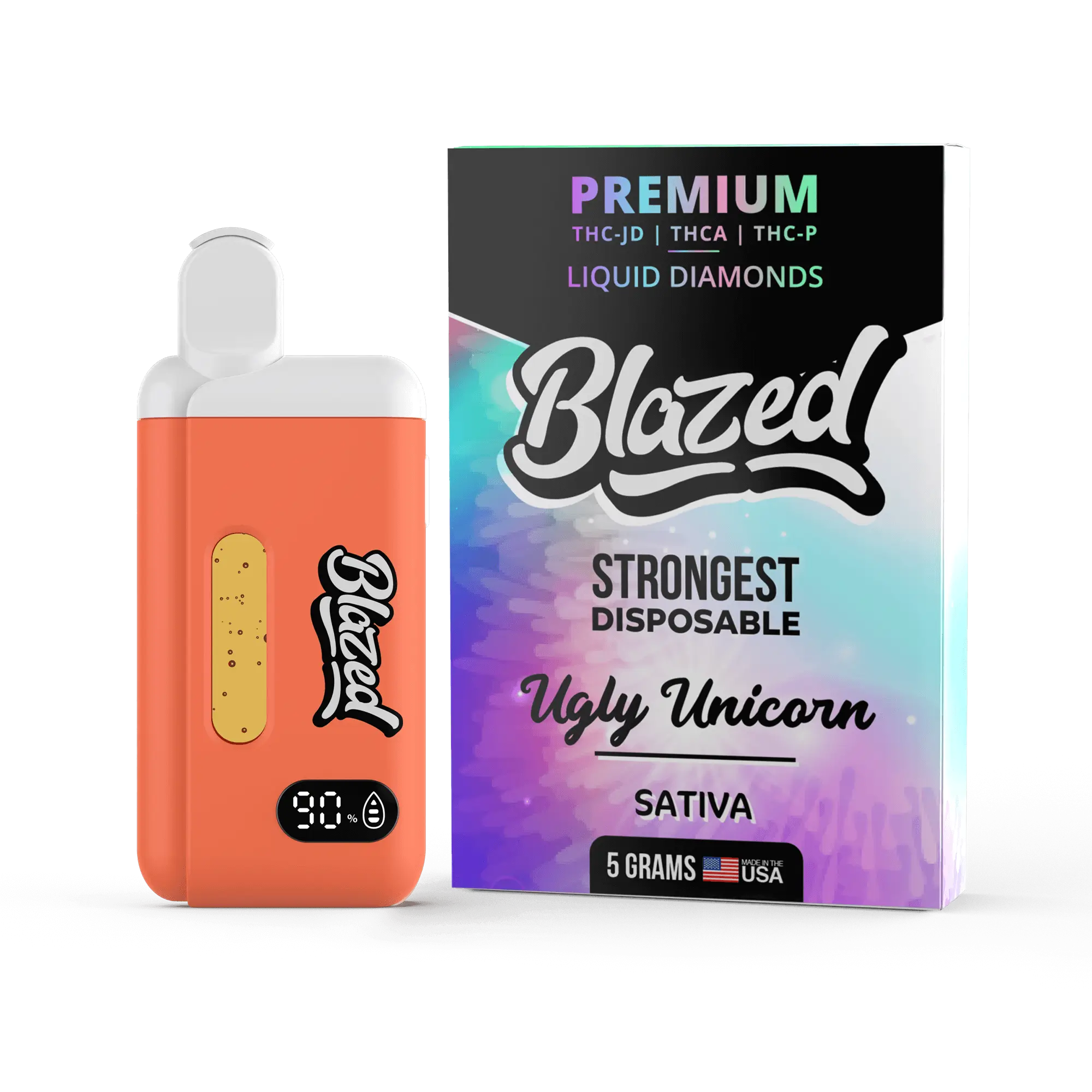 THCA Delta 9P 5 Gram Disposable Vape Blazed high potency hemp vape with live resin terpenes in Ugly Unicorn