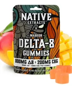 Native Extracts Warrior Delta-8 and CBG mango gummies front pouch with mango and gummies