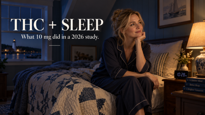 Woman in a cozy New England bedroom at night for article on THC and sleep research