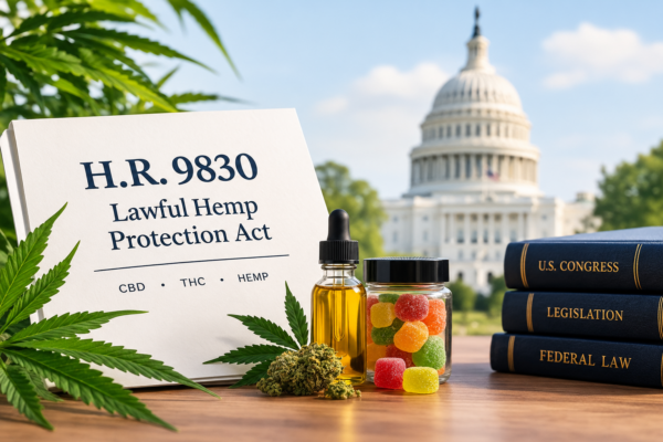 Lawful Hemp Protection Act H.R. 9830 with CBD, THC and hemp products in front of the U.S. Capitol